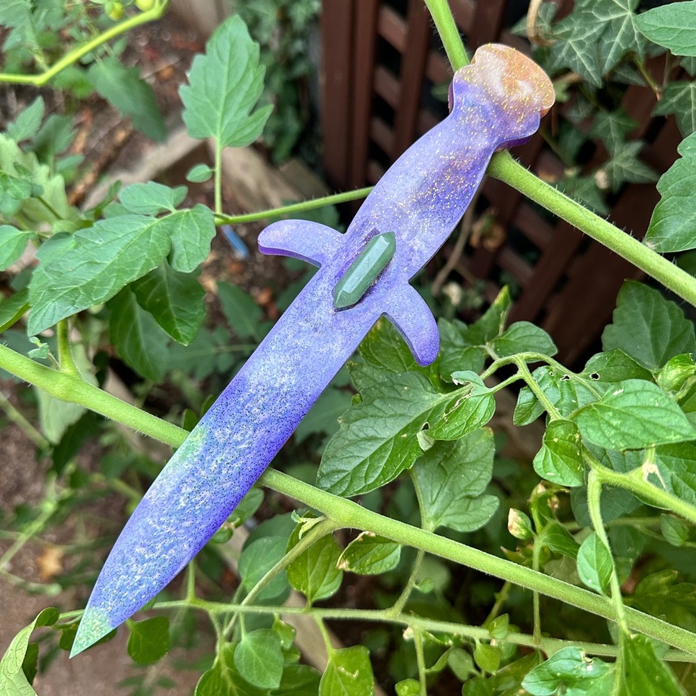 Purple/Seafoam Green/Gold Hanging Resin Wall Dagger w/ Violets & Jade Crystal